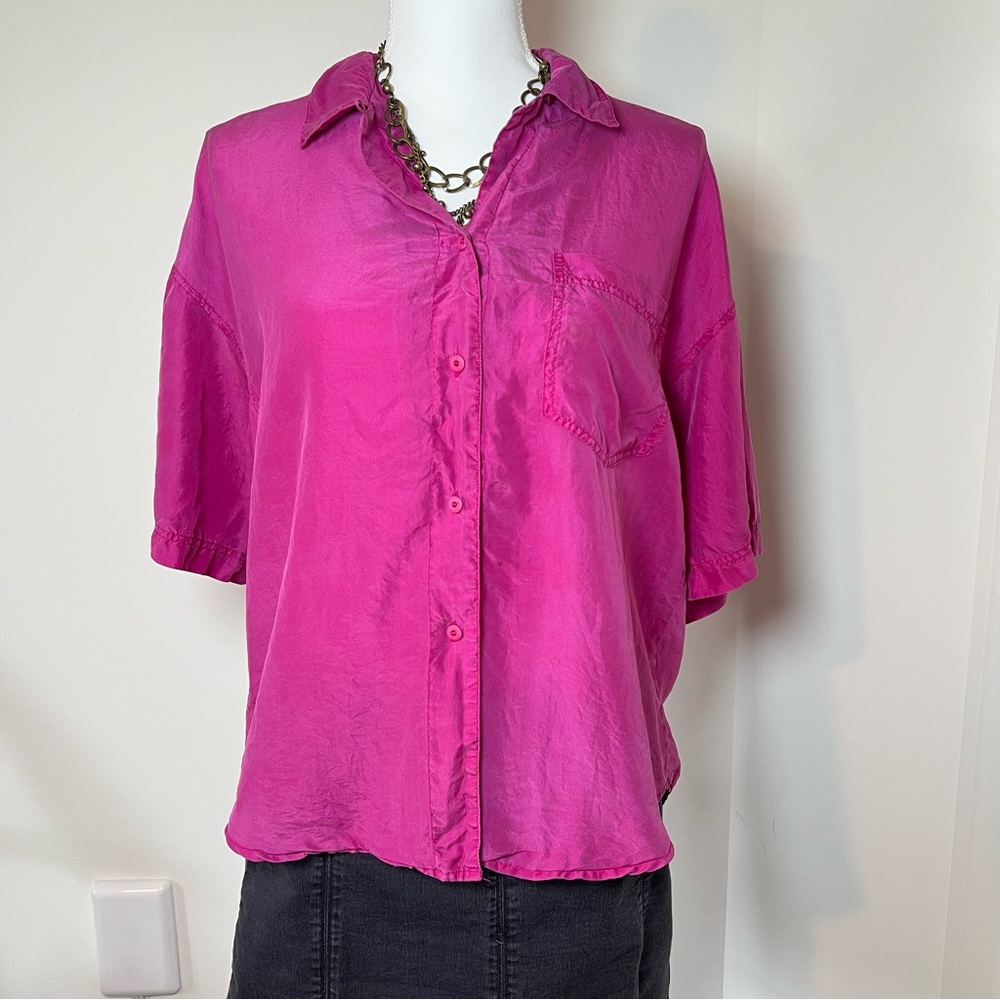 Sunny Leigh 100% Pure‎ Silk Vintage 90s/Y2K Barbie Pink Short Sleeve Blouse 🌺🎀